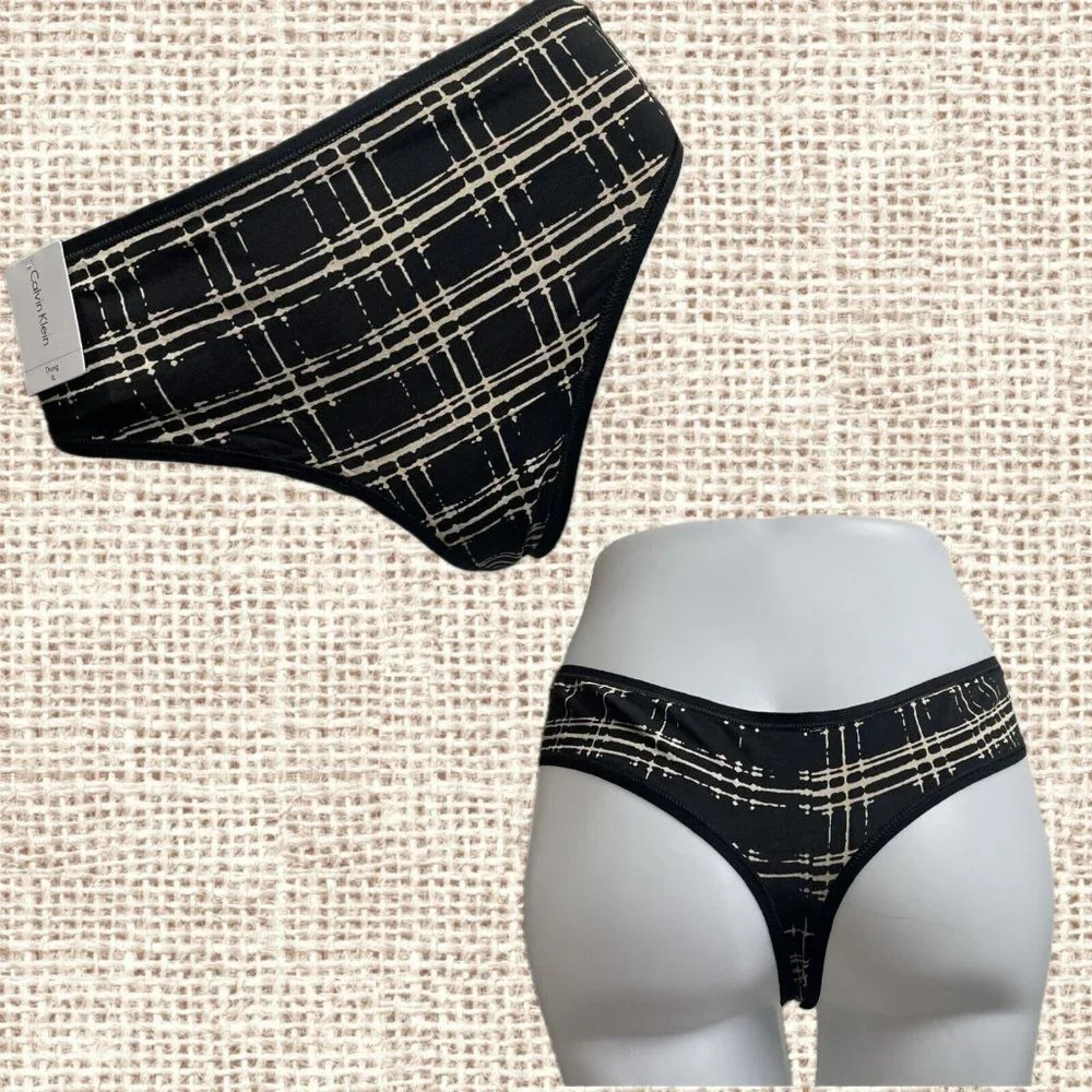Calvin Klein XL Black-Vanilla Abstract Plaid Print Thong Panties
